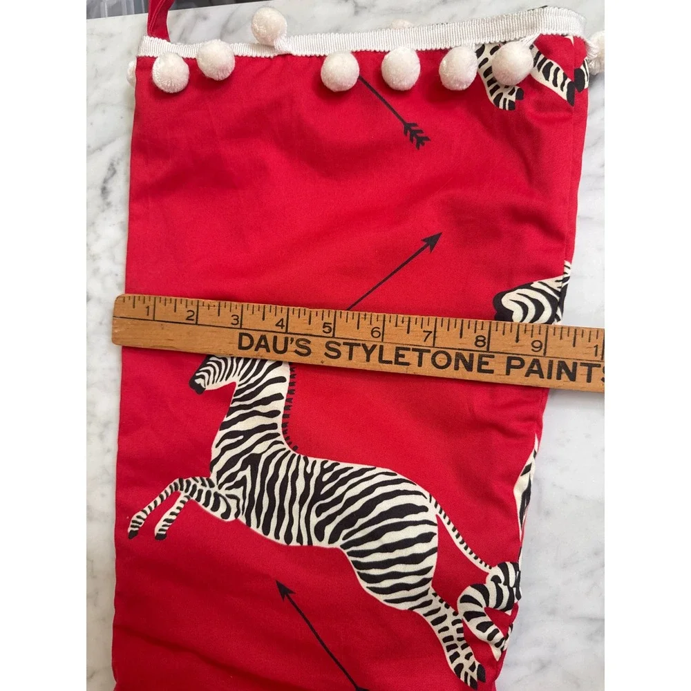 Scalamandre Zebra Christmas Stocking Red Cotton Pom Pom Trim Safari  Decor